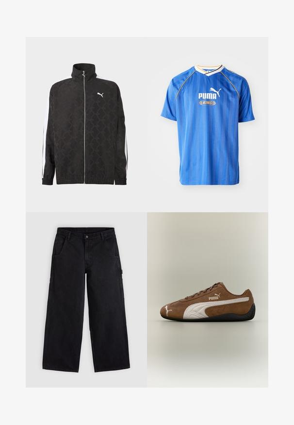 Veste noire à fermeture éclair intégrale avec un motif géométrique subtil, logo Puma blanc sur la poitrine, et des rayures blanches courant le long des manches.; Maillot de football bleu à manches courtes avec des rayures verticales, des accents blancs et jaunes, et un logo avec un puma. Tissu léger et respirant.; Pantalon de travail noir à jambes larges avec passants de ceinture, poches avant et fermeture par bouton, présenté sur un fond clair uni.; Baskets en daim marron avec des accents blancs et un design texturé. Elles disposent d'une semelle en caoutchouc noire et d'un logo Puma proéminent sur le côté.