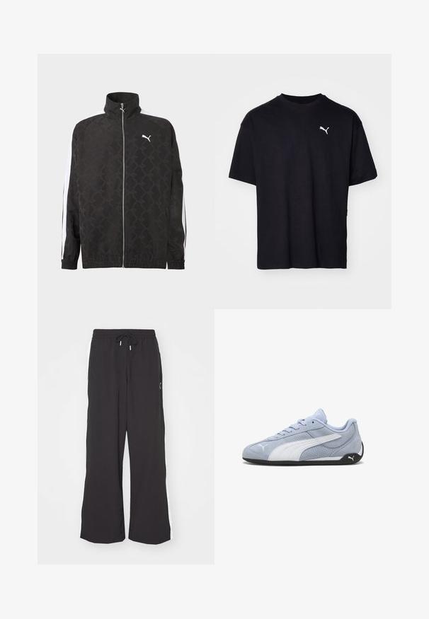 Schwarze Jacke mit durchgehendem Reißverschluss und dezentem geometrischem Muster, weißes Puma-Logo auf der Brust und weiße Streifen an den Ärmeln.; Schwarzes Baumwoll-T-Shirt mit kurzen Ärmeln, Rundhalsausschnitt und einem weißen Puma-Logo auf der linken oberen Brustseite. Klassische Passform, glatte Textur.; Schwarze weite Sweatpants mit elastischem Bund und Kordelzug. Mit weißen Seitenstreifen und zwei Seitentaschen. Glatte Textur.; Hellblauer Wildleder-Sneaker mit weißen Akzenten, perforierter Textur und schwarzer Gummisohle. Verfügt über Schnürsenkel und ein seitliches Logo.