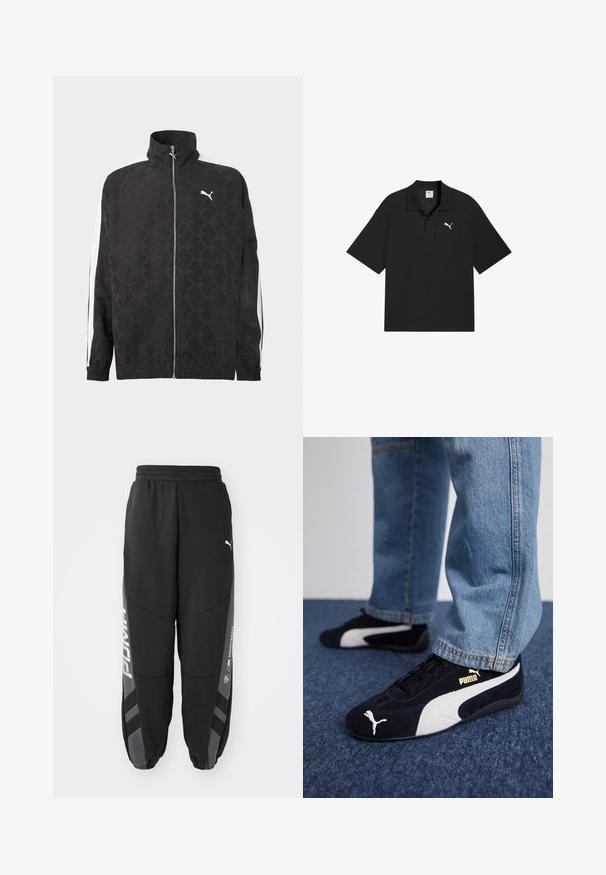 Čierna bunda na zips so subtílnym geometrickým vzorom, bielym logom Puma na hrudi a bielymi pruhmi pozdĺž rukávov.; Čierne polo tričko s krátkym rukávom s rebrovanou štruktúrou, dvoje tlačidlá na zapínanie a biele logo Puma na ľavej strane hrudníka.; Čierne jogger nohavice vyrobené z mäkkého materiálu. Majú elastický pás, zúžené nohy, sivé akcenty a biele logá po stranách.; Čierne semišové tenisky s bielymi akcentmi, so zlatým logom. Nosené s svetlomodrými denimovými džínsy a položené na textúrovanej modrej ploche.