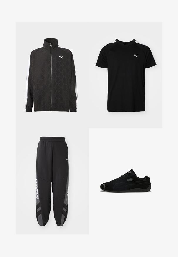 Sort fuld-zipjakke med subtilt geometrisk mønster, hvid Puma-logo på brystet og hvide striber ned ad ærmerne.; Sort kortærmet t-shirt med hvide accentstriber på skuldrene, rund halsudskæring og lille hvidt logo på venstre bryst. Blødt stof, klassisk pasform.; Sorte joggebukser lavet af blødt materiale. Har elastisk talje, tapered ben, grå detaljer og hvide logoer på siderne.; Sorte ruskindssportssko med lav profil. Har et struktureret design, sort gummisål og sølv Puma-logo akcenter.