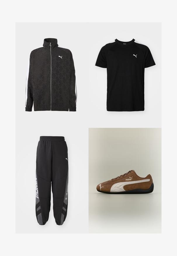 Sort fuld-zipjakke med subtilt geometrisk mønster, hvid Puma-logo på brystet og hvide striber ned ad ærmerne.; Sort kortærmet t-shirt med hvide accentstriber på skuldrene, rund halsudskæring og lille hvidt logo på venstre bryst. Blødt stof, klassisk pasform.; Sorte joggebukser lavet af blødt materiale. Har elastisk talje, tapered ben, grå detaljer og hvide logoer på siderne.; Brun ruskindsneaker med hvide accenter og tekstureret design. Har en sort gummisål og et fremtrædende Puma-logo på siden.