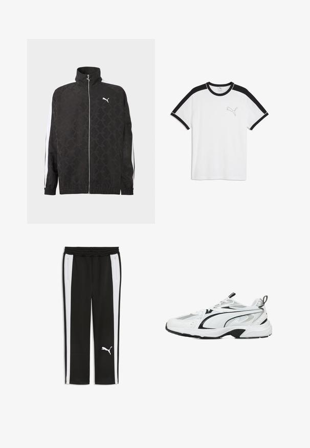 Veste noire à fermeture éclair intégrale avec un motif géométrique subtil, logo Puma blanc sur la poitrine, et des rayures blanches courant le long des manches.; T-shirt blanc à manches courtes avec accents noirs sur les épaules et les manches, col noir et petit logo Puma sur la poitrine gauche. Aucune personne présente.; Pantalon de survêtement noir avec bandes blanches sur les côtés, taille élastique, poches latérales zippées, et logo Puma blanc sur la jambe gauche.; Baskets de sport blanches avec des accents noirs et argentés, en matériaux en maille et synthétiques, tige texturée, semelle rembourrée et design à lacets.