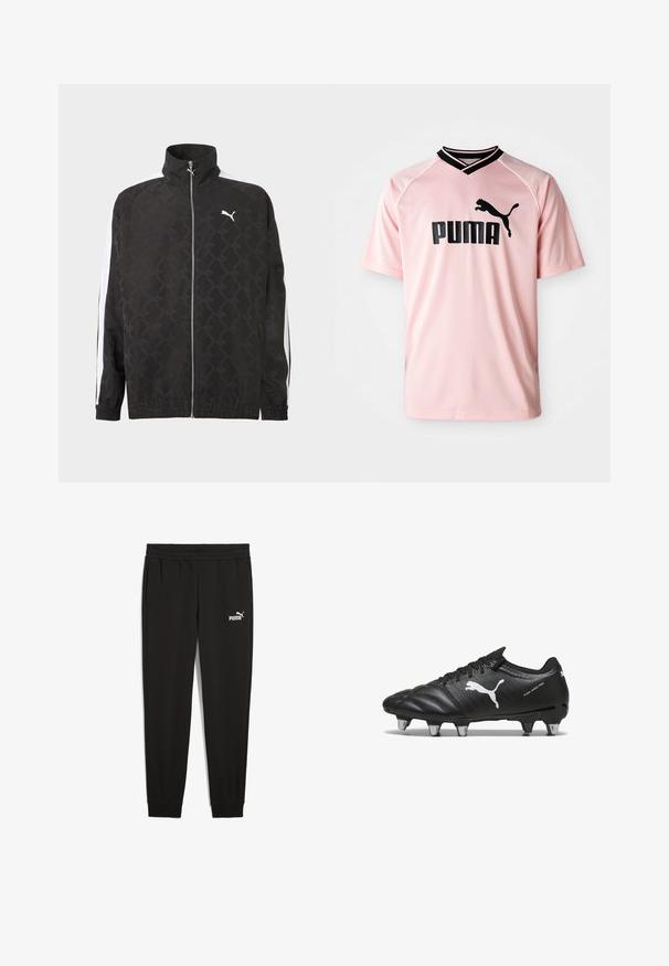 Chaqueta negra con cremallera completa y sutil patrón geométrico, logo blanco de Puma en el pecho y rayas blancas a lo largo de las mangas.; Camiseta deportiva rosa hecha de tela transpirable. Presenta un cuello en V negro y un logo negro de Puma en el frente. Mangas cortas con un diseño texturizado.; Pantalones de chándal negros hechos de tela suave, con una cinturilla elástica, bolsillos laterales y un logo de Puma blanco en el lado izquierdo.; Botas de fútbol negras con material texturizado, logo blanco de Puma, sistema de cierre con cordones y tacos de metal para mejorar la tracción. El diseño enfatiza el rendimiento y el soporte.
