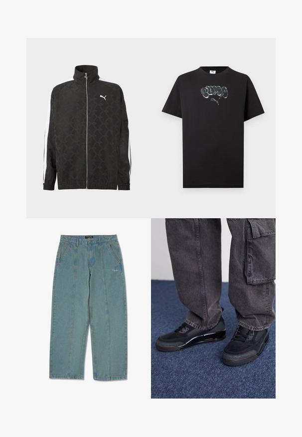 Zwarte jas met volledige ritssluiting en een subtiel geometrisch patroon, wit Puma-logo op de borst en witte strepen langs de mouwen.; Zwart T-shirt met korte mouwen en ronde hals, met een zilver reflecterend Puma-logo en gestileerde bubbeltekst boven het logo.; Lichtblauwe, niet-verweerde denim broek met een recht model, voorzien van voorzakken en een subtiele geborduurde logo nabij de taille.; Zwarte sportieve schoenen met een gestructureerd oppervlak, gladde accenten en een chunky zool, gecombineerd met donkere, loszittende cargo pants.
