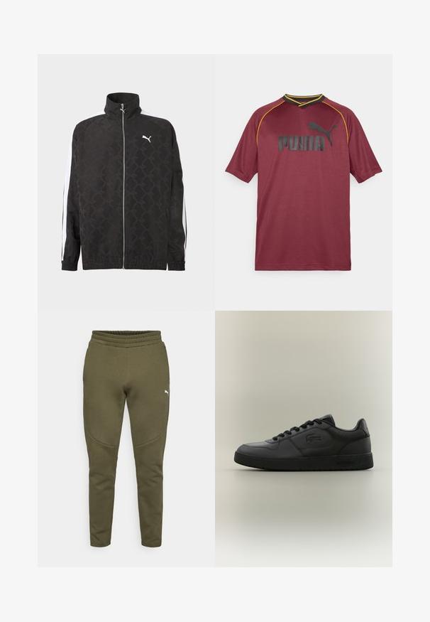 Sort fuld-zipjakke med subtilt geometrisk mønster, hvid Puma-logo på brystet og hvide striber ned ad ærmerne.; Maron sports jersey lavet af åndbart stof, med korte ærmer, V-hals, sort Puma-logo og gule accenter langs halslinningen.; Olivengrønne sweatpants med en tætsiddende pasform, elastisk talje og et lille hvidt logo på venstre side. Blødt stof med en glat overflade.; Sorte lædersneakers med en glat overflade, rund tå, flade snørebånd og et diskret logo på siden. Minimalistisk design med en robust sål.