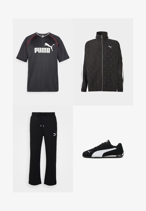 Chaqueta negra con cremallera completa y sutil patrón geométrico, logo blanco de Puma en el pecho y rayas blancas a lo largo de las mangas.; Camiseta deportiva negra de Puma con mangas cortas, logo blanco, acentos rojos en los hombros y cuello en forma de V. Fabricada con material ligero.; Pantalones de chándal negros con cintura ajustable, que cuentan con una cinturilla acanalada y bolsillos laterales. El logo de Puma está exhibido en el muslo izquierdo.; Zapatillas deportivas de ante negro con una franja lateral blanca, detalles de marca en blanco, suela plana negra y cordones negros.