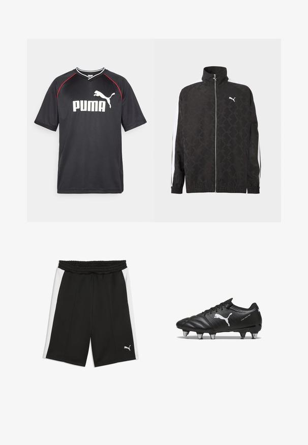 Chaqueta negra con cremallera completa y sutil patrón geométrico, logo blanco de Puma en el pecho y rayas blancas a lo largo de las mangas.; Camiseta deportiva negra de Puma con mangas cortas, logo blanco, acentos rojos en los hombros y cuello en forma de V. Fabricada con material ligero.; Pantalones cortos deportivos negros con paneles laterales blancos, cinturilla elástica y pequeño logotipo blanco de Puma en la parte inferior de la pierna izquierda.; Botas de fútbol negras con material texturizado, logo blanco de Puma, sistema de cierre con cordones y tacos de metal para mejorar la tracción. El diseño enfatiza el rendimiento y el soporte.