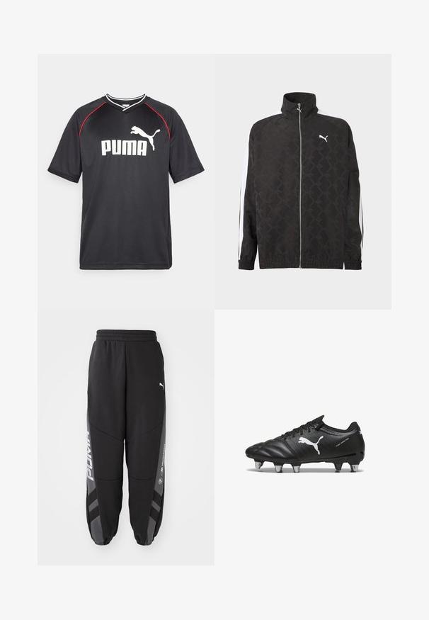 Zwarte jas met volledige ritssluiting en een subtiel geometrisch patroon, wit Puma-logo op de borst en witte strepen langs de mouwen.; Zwarte Puma sportt-shirt met korte mouwen, wit logo, rode accenten langs de schouders en een v-hals. Gemaakt van lichtgewicht materiaal.; Zwarte joggers van zacht materiaal. Kenmerken zijn een elastische tailleband, taps toelopende pijpen, grijze accenten en witte logo's op de zijkanten.; Zwarte voetbalschoenen van gestructureerd materiaal, met een wit Puma-logo, vetersluiting en metalen noppen voor grip. Het ontwerp benadrukt prestaties en ondersteuning.