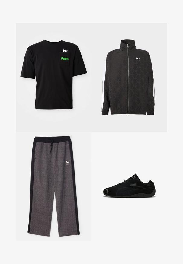 Schwarze Jacke mit durchgehendem Reißverschluss und dezentem geometrischem Muster, weißes Puma-Logo auf der Brust und weiße Streifen an den Ärmeln.; Schwarzes Baumwoll-T-Shirt mit kurzen Ärmeln, ausgestattet mit einer Tasche, die eine Katzengrafik und grünen "PUMA"-Text zeigt. Lässiger Schnitt und glatte Textur.; Puma RELAXED TRACK PANTS - Jogginghose - black/alpine snow; Schwarze Wildleder-Sportschuhe mit flachem Profil. Merkmale ein strukturiertes Design, eine schwarze Gummisohle und silberne Puma-Logo-Akzente.