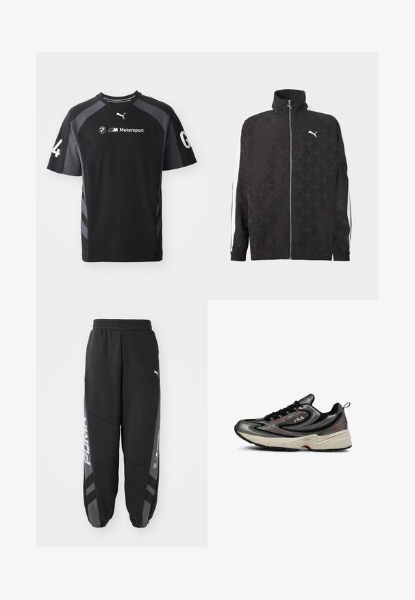 Sort fuld-zipjakke med subtilt geometrisk mønster, hvid Puma-logo på brystet og hvide striber ned ad ærmerne.; Sort t-shirt med grå accenter, korte ærmer, rund halsudskæring, med BMW- og Puma-logoer og tallet '4' på ærmet.; Sorte joggebukser lavet af blødt materiale. Har elastisk talje, tapered ben, grå detaljer og hvide logoer på siderne.; Fila ACTIX RETRO - Sneakers - gunmetal