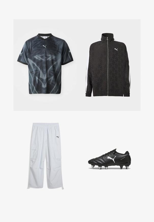Schwarze Jacke mit durchgehendem Reißverschluss und dezentem geometrischem Muster, weißes Puma-Logo auf der Brust und weiße Streifen an den Ärmeln.; Kurzärmliges schwarzes und graues Sporttrikot mit einem stammesähnlichen Muster und einem kleinen weißen Puma-Logo auf der Vorderseite.; Hellgraue Cargo-Hosen mit einem elastischen Bund, zwei Seitentaschen und einem schwarzen Logo am linken Bein; aus einem leichten Stoff gefertigt.; Schwarze Fußballschuhe aus strukturiertem Material, mit weißem Puma-Logo, Schnürverschluss und Metallnägeln für besseren Halt. Das Design betont Leistung und Unterstützung.