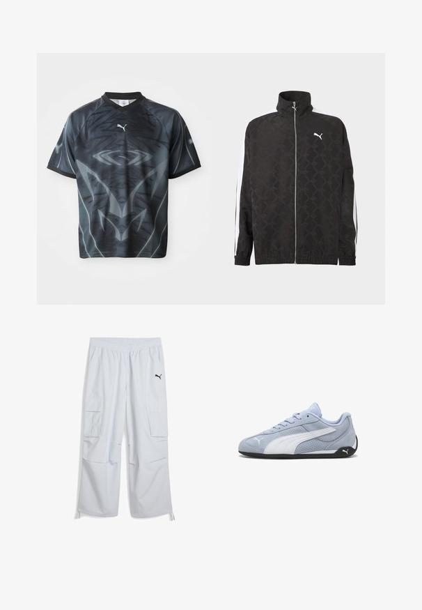 Chaqueta negra con cremallera completa y sutil patrón geométrico, logo blanco de Puma en el pecho y rayas blancas a lo largo de las mangas.; Camiseta deportiva de manga corta en negro y gris con un patrón tribal y un pequeño logotipo de Puma en blanco en el frente.; Pantalones cargo gris claro con cintura elástica, dos bolsillos laterales y un logotipo negro en la pierna izquierda; fabricados en una tela ligera.; Zapatilla deportiva de ante azul claro con detalles blancos, textura perforada y suela de goma negra. Cuenta con cordones y un logo lateral.