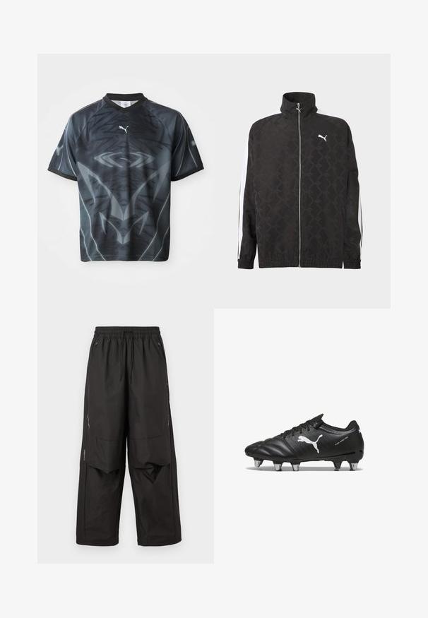 Schwarze Jacke mit durchgehendem Reißverschluss und dezentem geometrischem Muster, weißes Puma-Logo auf der Brust und weiße Streifen an den Ärmeln.; Kurzärmliges schwarzes und graues Sporttrikot mit einem stammesähnlichen Muster und einem kleinen weißen Puma-Logo auf der Vorderseite.; Schwarze locker sitzende Hose mit elastischem Bund, vorderen Reißverschlusstaschen, Knieeinsätzen und dezenten reflektierenden Details an den Seiten.; Schwarze Fußballschuhe aus strukturiertem Material, mit weißem Puma-Logo, Schnürverschluss und Metallnägeln für besseren Halt. Das Design betont Leistung und Unterstützung.