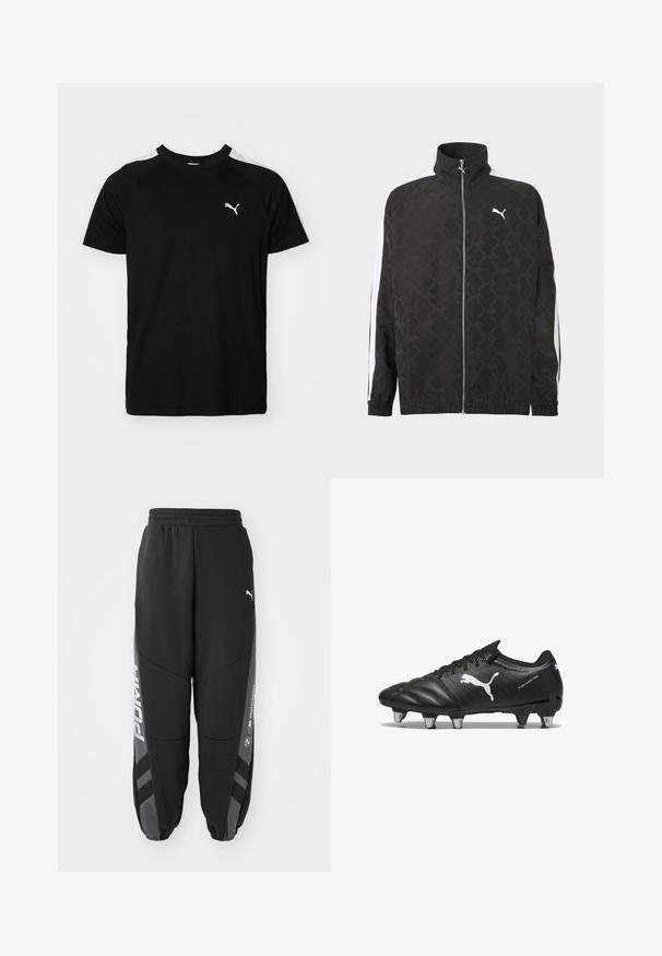 Zwarte jas met volledige ritssluiting en een subtiel geometrisch patroon, wit Puma-logo op de borst en witte strepen langs de mouwen.; Zwarte t-shirt met korte mouwen, voorzien van witte accenten op de schouders, een ronde halslijn en een klein wit logo op de linkerborst. Zacht materiaal, klassieke pasvorm.; Zwarte joggers van zacht materiaal. Kenmerken zijn een elastische tailleband, taps toelopende pijpen, grijze accenten en witte logo's op de zijkanten.; Zwarte voetbalschoenen van gestructureerd materiaal, met een wit Puma-logo, vetersluiting en metalen noppen voor grip. Het ontwerp benadrukt prestaties en ondersteuning.