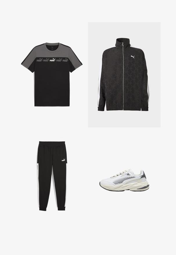Schwarze Jacke mit durchgehendem Reißverschluss und dezentem geometrischem Muster, weißes Puma-Logo auf der Brust und weiße Streifen an den Ärmeln.; Schwarz-graues T-Shirt mit kurzen Ärmeln und rundem Ausschnitt, das ein wiederholtes weißes 'PUMA'-Logo über der Brust aufweist und aus glattem Baumwollmaterial besteht.; Schwarze Jogginghosen mit elastischem Bund, Seitentaschen und weißen Seitenstreifen. Mit dem weißen "PUMA"-Logo auf der Vorderseite.; Weißer und hellgrauer Sportschuh mit dicker Sohle, seitlichen Belüftungsstreifen, Schnürverschluß und schwarzen Akzenten an Ferse und Sohle.