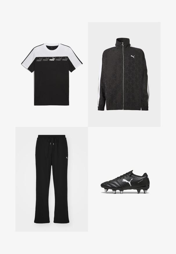 Sort fuld-zipjakke med subtilt geometrisk mønster, hvid Puma-logo på brystet og hvide striber ned ad ærmerne.; Sort og hvid kortærmet T-shirt lavet af bomuld, med et iøjnefaldende PUMA-logo i midten og et tekstureret design over brystet.; Sorte sweatpants med elastisk talje og snor, med sidelommer og et diskret logo på venstre ben. Blødt stof, flagrende form.; Sorte fodboldstøvler med tekstureret materiale, hvidt Puma-logo, snørebåndslukning og metalstifter for godt greb. Designet understreger ydeevne og støtte.