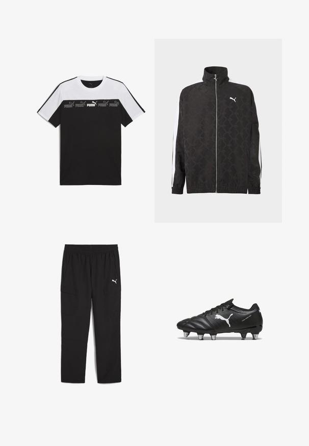 Schwarze Jacke mit durchgehendem Reißverschluss und dezentem geometrischem Muster, weißes Puma-Logo auf der Brust und weiße Streifen an den Ärmeln.; Schwarz-weiße kurzärmlige T-Shirt aus Baumwolle, mit einem auffälligen PUMA-Logo in der Mitte und einem strukturierten Design auf der Brust.; Schwarze Cargo-Hosen aus leichtem Stoff, mit einem elastischen Bund, zwei Seiten Taschen und einem kleinen weißen Logo auf der Vorderseite.; Schwarze Fußballschuhe aus strukturiertem Material, mit weißem Puma-Logo, Schnürverschluss und Metallnägeln für besseren Halt. Das Design betont Leistung und Unterstützung.