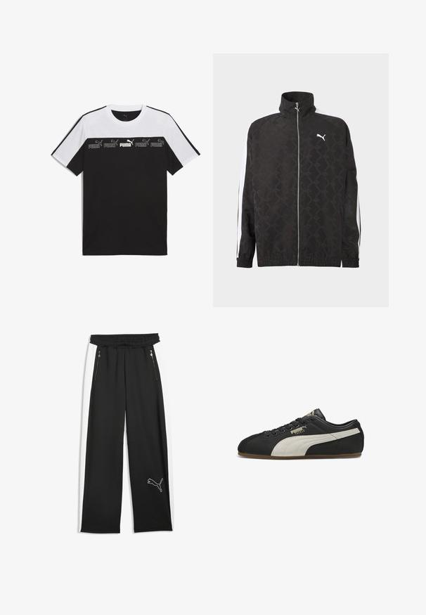 Chaqueta negra con cremallera completa y sutil patrón geométrico, logo blanco de Puma en el pecho y rayas blancas a lo largo de las mangas.; Camiseta de manga corta en blanco y negro hecha de algodón, con un logotipo de PUMA en el centro en un diseño gráfico audaz y una textura en el pecho.; Pantalones deportivos negros con rayas laterales blancas, dos bolsillos delanteros con cremallera, cintura elástica y un logo de Puma en la parte inferior de la pierna izquierda.; Zapatilla Puma de perfil bajo en negro con franja lateral beige, cordones negros y suela de goma, mostrando el lado exterior izquierdo con la marca "Puma Tackle".