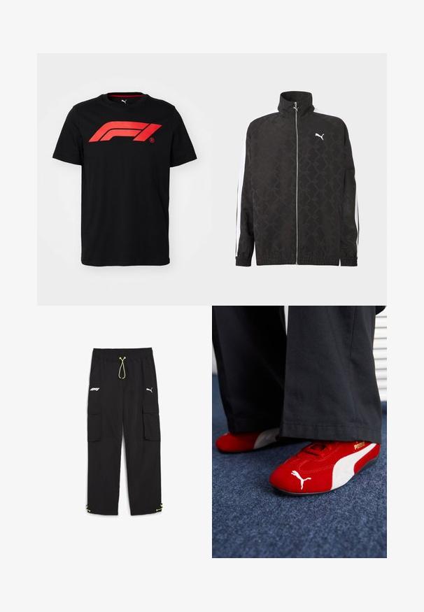 Chaqueta negra con cremallera completa y sutil patrón geométrico, logo blanco de Puma en el pecho y rayas blancas a lo largo de las mangas.; Camiseta de algodón negra que presenta un gran logo rojo de Fórmula 1 en el frente. Cuello redondo y mangas cortas, textura suave.; Puma STATEMENT PANTS - Pantalones cargo - black; Zapatillas de ante rojas con acentos blancos, que cuentan con material texturizado, punta redonda y un logo dorado en el lateral, combinadas con pantalones negros.