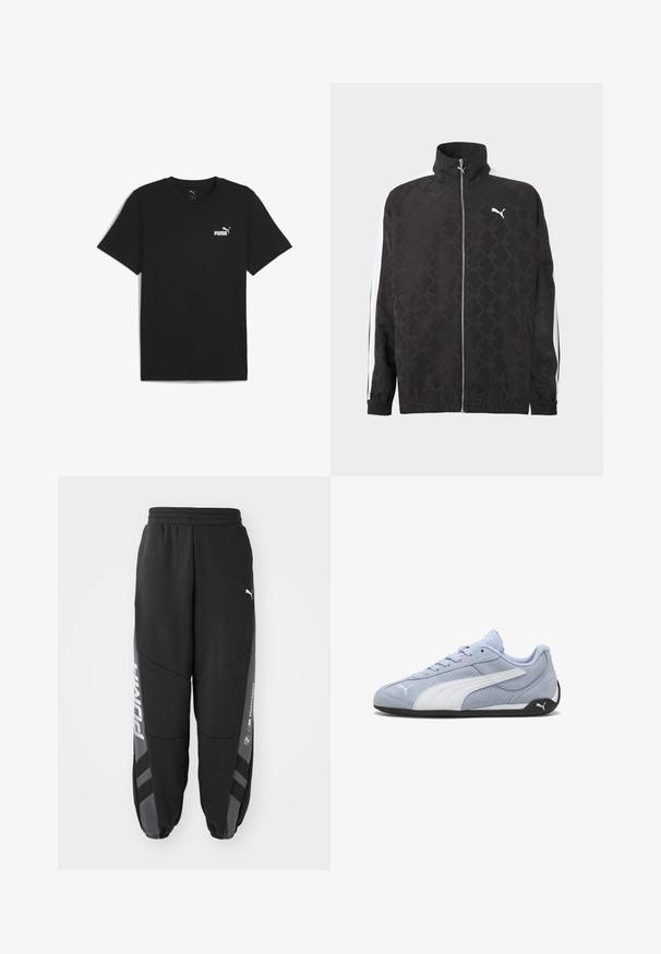 Schwarze Jacke mit durchgehendem Reißverschluss und dezentem geometrischem Muster, weißes Puma-Logo auf der Brust und weiße Streifen an den Ärmeln.; Schwarzes Baumwoll-T-Shirt mit kurzen Ärmeln und Rundhalsausschnitt. Mit einem kleinen weißen Puma-Logo im oberen linken Brustbereich.; Schwarze Jogginghosen aus weichem Material. Mit elastischem Bund, schmal zulaufenden Beinen, grauen Akzenten und weißen Logos an den Seiten.; Hellblauer Wildleder-Sneaker mit weißen Akzenten, perforierter Textur und schwarzer Gummisohle. Verfügt über Schnürsenkel und ein seitliches Logo.