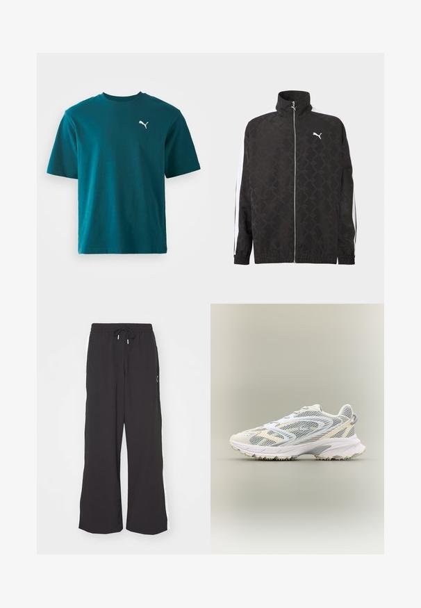 Chaqueta negra con cremallera completa y sutil patrón geométrico, logo blanco de Puma en el pecho y rayas blancas a lo largo de las mangas.; Camiseta de algodón azul verdoso con mangas cortas, cuello redondo y un logo blanco de Puma en el lado izquierdo del pecho; textura suave y corte regular.; Pantalones de chándal anchos y negros con cintura elástica y cordón. Presentan franjas laterales blancas y dos bolsillos laterales. Textura suave.; Zapatilla deportiva blanca con paneles de malla gris, superposiciones texturizadas, un collar acolchado y una suela de goma con pequeños picos de tracción.