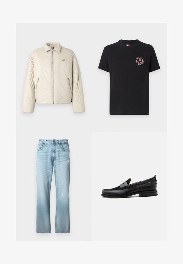 Beige pufferjakke med ståkrave, frontlynlås og to sidelommer. Har et logo patch på venstre bryst.; Sort bomulds t-shirt med korte ærmer, rund hals, med et rødt og hvidt grafiktryk, der siger "TOMMY JEANS NEW YORK CITY."; Lysblå denimjeans med en let løs lige pasform, der har slidte detaljer, et klassisk fem-lomme design og en knaplukning.; Sort læderloafer med grå remdetalje, lav hæl og tekstureret sål, mærket med "HUGO" i guld på siden.