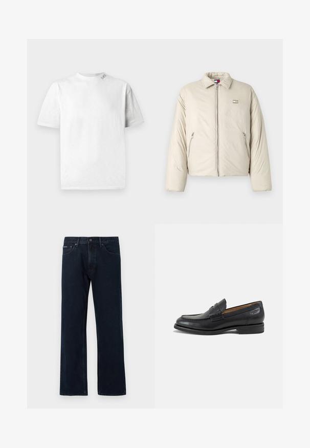 Beige pufferjack met een staande kraag, vooraan met ritssluiting en twee zijzakken. Heeft een logo-opdruk op de linkerborst.; Witte T-shirt met korte mouwen en ronde hals, met een subtiele textuur en een klein logodetaillering op de linkerschouder.; Donkerblauwe jeans met rechte pijpen, voorste knoop- en ritssluiting, voorzakken en riemlussen.; Zwarte leren herenloafer met gestikte details, lage gestapelde hak en een smalle band over de bovenzijde, zijaanzicht op een witte achtergrond.