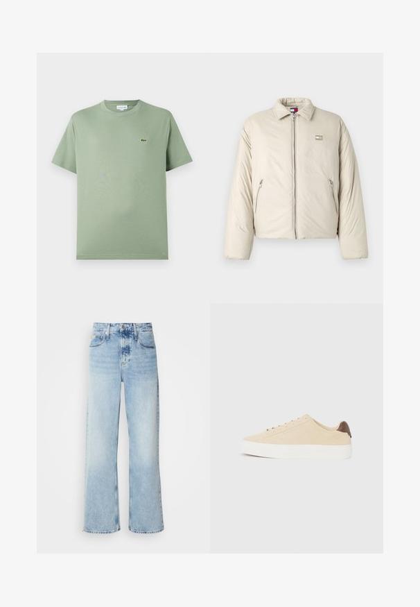 Beige pufferjakke med ståkrave, frontlynlås og to sidelommer. Har et logo patch på venstre bryst.; Lysegrøn bomulds T-shirt med rund halsudskæring, korte ærmer og et lille logo på venstre bryst. Glat tekstur, standard pasform.; Lysblå vide jeans med høj talje, der har en falmet finish, bæltestropper og klassisk fem-lomme design. Kantene er rå.; Beige ruskind sneakers med hvid gummisål og lys brun hælaccent. Har flade snørebånd og minimalistisk design for alsidighed.