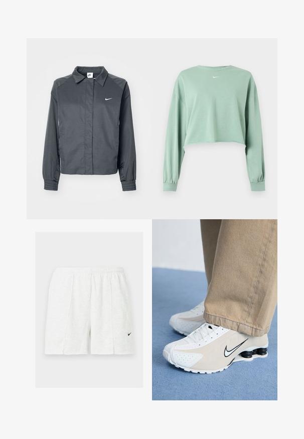 Nike Sportswear Let jakke / Sommerjakker - black; Lysegrøn cropped langærmet sweatshirt med elastiske manchetter og lille hvidt Nike-logo centreret under halsudskæringen.; Hvide atletikshorts med elastisk taljebånd og sort Nike-swoosh-logo på venstre ben, vist på ensfarvet baggrund.; Hvide og beige Nike sneakers med perforeret design, sort swoosh-logo, tekstureret overdel og en karakteristisk fjederlignende sort hæl.