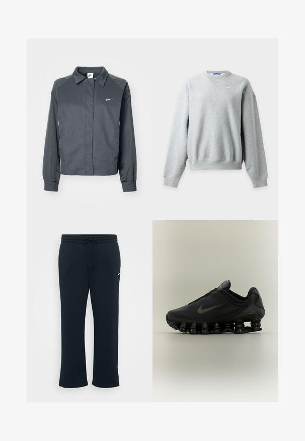 Nike Sportswear Let jakke / Sommerjakker - black; Lysegrå Nike crewneck sweatshirt med lange ærmer og ribstrikkede manchetter og kant, vist fladt på en lys baggrund.; Sorte sweatpants med elastisk talje og justerbar snor. Har et lille hvidt Nike-logo på venstre side. Blød stofstruktur.; Sort Nike-sneaker med lynlåsfunktion øverst og karakteristisk fjederlignende opdelt sål, vist i sideprofil mod en neutral baggrund.