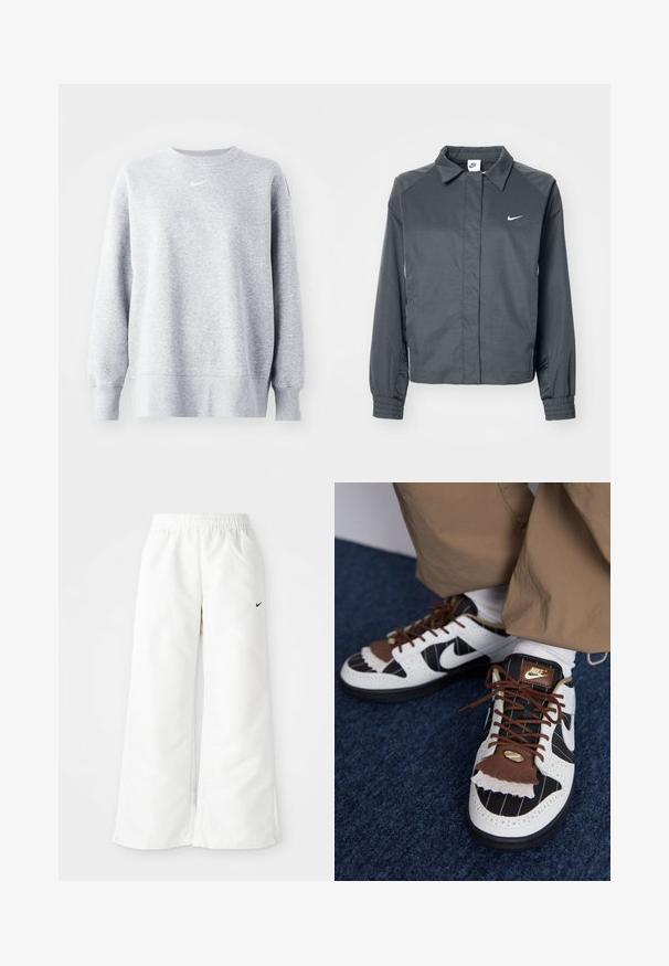 Nike Sportswear Kevyt takki - black; Harmaa collegepaita, jossa on pyöreä kaula-aukko, pitkät hihat, joustavat hihansuut ja helma, sekä pieni valkoinen Nike-logo rinnassa. Pehmeä, teksturoitu kangas.; Valkoiset urheiluhousut, joissa on leveä lahjemuotoilu, joustava vyötärö ja pieni musta Nike-logo vasemmalla puolella. Sileä ja kevyesti laskeutuva materiaali.; Nike lenkkarit, joissa on valkoista, mustaa ja ruskeaa materiaalia. Ominaisuuksiin kuuluu teksturoitu ruskea läppä, raidallinen muotoilu ja perinteinen nauhoitus kultaisilla yksityiskohdilla.