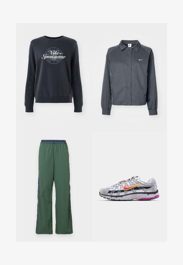 Nike Sportswear Letná bunda - black; Tmavomodrá mikina z mäkkého materiálu, s okrúhlym výstrihom, dlhými rukávmi a grafickým logom "Nike Sportswear" na prednej strane.; Zelené športové nohavice s širokými nohavicami, s tmavomodrým pásom a bočným panelom, vyrobené z ľahkej, textúrovanej látky.; Šedé bežecké topánky z materiálu mesh s charakteristickým ružovým a žltým piktogramom, čiernymi akcentmi a textúrovanou gumovou podrážkou. Obsahujú zosilnenú špičku a polstrovaný golier.