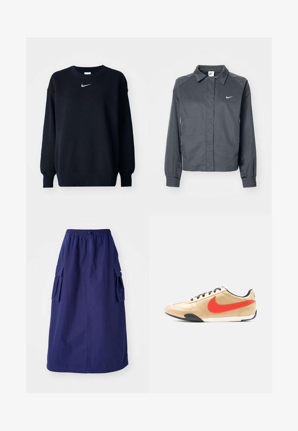Nike Sportswear Let jakke / Sommerjakker - black; Sort sweatshirt lavet af bomuldsblanding; ribbet rund hals, lange ærmer og elastiske manchetter; har et lille sølvfarvet Nike-logo på brystet.; Marineblå, mellemlang nederdel med elastisk talje, der har to sidelommer og et minimalistisk logodesign. Glat stofstruktur.; Beige lædersneaker med sorte snørebånd, rød Nike-logo på siden og sort-hvid sål, vist fra ydersiden.