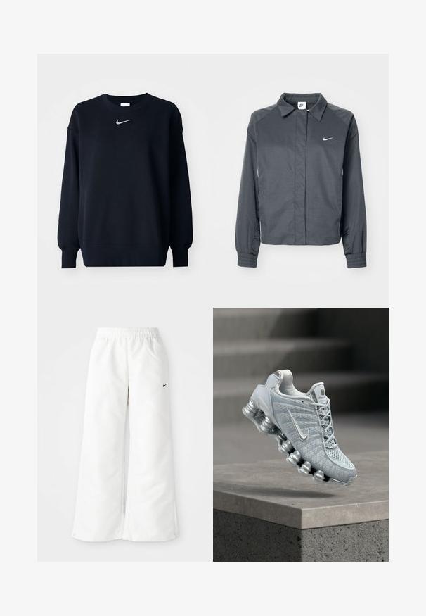 Nike Sportswear Letná bunda - black; Čierna mikina vyrobená z bavlnenej zmesi; rebrovaný okrúhly výstrih, dlhé rukávy a elastické manžety; s malým strieborným logom Nike na hrudi.; Biele športové nohavice so širokým strihom, elastickým pásom a malým čiernym logom Nike na ľavej strane. Hladký, ľahký materiál.; Svetlosivá bežecká topánka Nike s odpruženou pružinovou podrážkou vznášajúca sa nad betónovým okrajom, rozmazané pozadie schodiska.