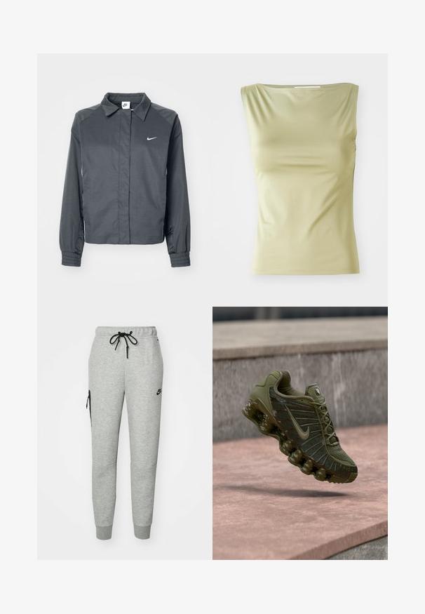 Nike Sportswear Letná bunda - black; Svetlozelený bezrukávový top vyrobený z hladkého materiálu, s okrúhlym výstrihom a priliehavým strihom s jemnými bočnými švami.; Šedé tepláky vyrobené z mäkkého materiálu s pásom na šnúrku, zúženými nohavicami a zipsovou vreckom na ľavej strane. Obsahujú čierne logo.; Teniska Nike v olivovo zelenej farbe, s vrchnou časťou z oka s textúrovanými panelmi, polstrovanou podrážkou a viditeľným vzduchovým odpružením pre pohodlie.
