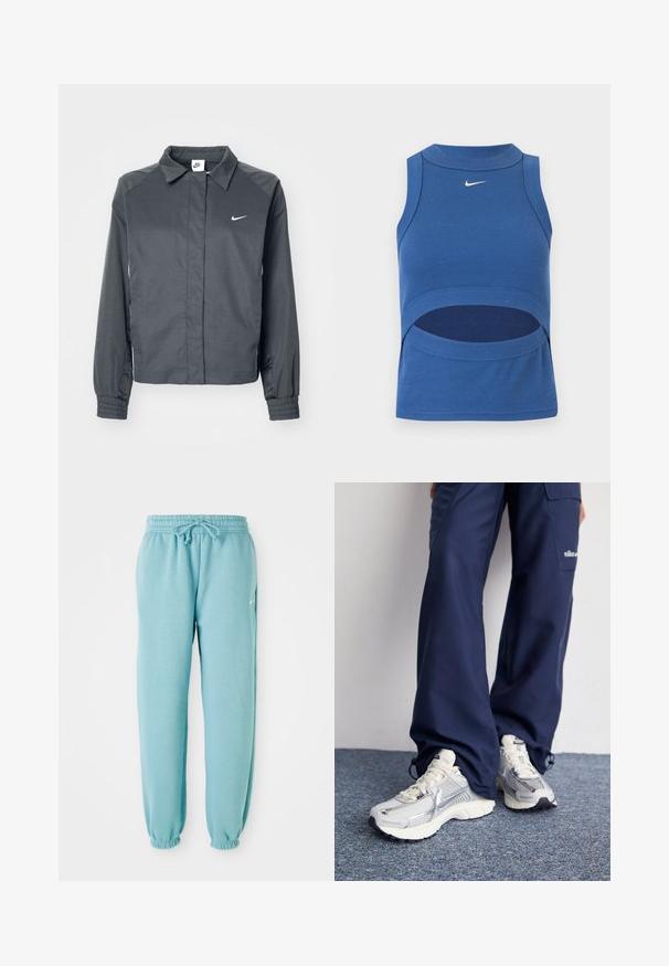 Nike Sportswear Letná bunda - black; Modrý bezrukávový crop top Nike s vysokým golierom a výrezom na bruchu, rebrovaná látka a biely logo Swoosh vpredu v strede.; Svetlo modré tepláky vyrobené z mäkkej tkaniny s elastickým pásom, detailom na šnúrku a elastickými manžetami na členkoch. Malé logo na boku.; Športové topánky Nike s strieborným sieťovaným zvrškom, bielymi detailmi a textúrovanými podrážkami, skombinované s voľnými námorníckymi nohavicami.