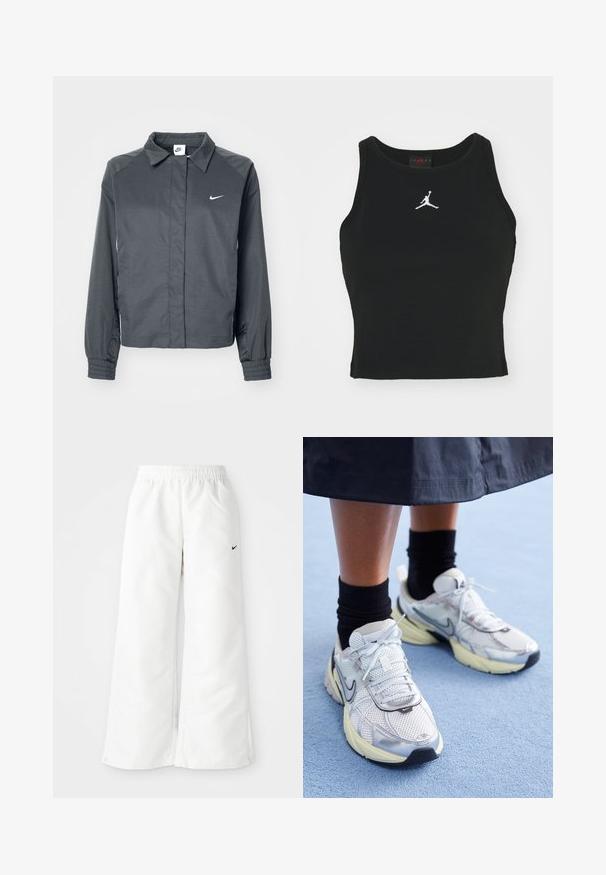Nike Sportswear Let jakke / Sommerjakker - black; Sort tætsiddende tanktop lavet af bomuld, med rund udskæring og et hvidt Jordan-logo syet på fronten i midten. Glat tekstur.; Hvide atletiske bukser med et bredbenet design, elastisk talje og et lille sort Nike-logo på venstre side. Glat, let materiale.; Hvide og sølv Nike sneakers med mesh-stof, reflekterende detaljer og en beige sål. Bæres med sorte sokker og står på en blå overflade.