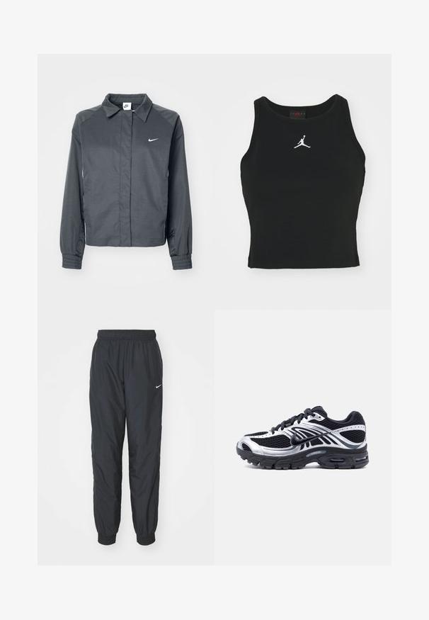 Nike Sportswear Letná bunda - black; Čierny priliehavý tielko vyrobené z bavlny, s okrúhlym výstrihom a bielym logom Jordan vyšitým na prednej časti. Hladká textúra.; Čierne tréningové nohavice Nike vyrobené z ľahkej tkaniny, so elastickým pásom a manžetami, s malým bielym logom na ľavej nohe.; Čierna a strieborná bežecká topánka Nike s vrchnou časťou z priedušnej sieťoviny, podrážkou s vzduchovým vankúšom a šnúrkami, zobrazená z boku na bielom pozadí.