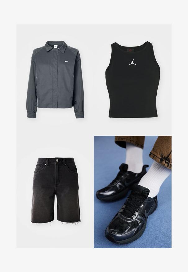 Nike Sportswear Lichte jas - black; Zwarte, op maat gemaakte tanktop van katoen, met een ronde halslijn en een wit Jordan-logo dat op het midden van de voorkant is gestikt. Soepele textuur.; Zwarte denim shorts met een vervaagde wassing, rafelig zoom, klassieke vijf-pocket ontwerp en een enkele knoopsluiting. Dikke stiksels accentueren het geheel.; Zwarte Nike sneakers van mesh en synthetisch materiaal, met een gestructureerde bovenzijde, zwarte veters en duurzame rubberen zolen. Witte geribbelde sokken zichtbaar.