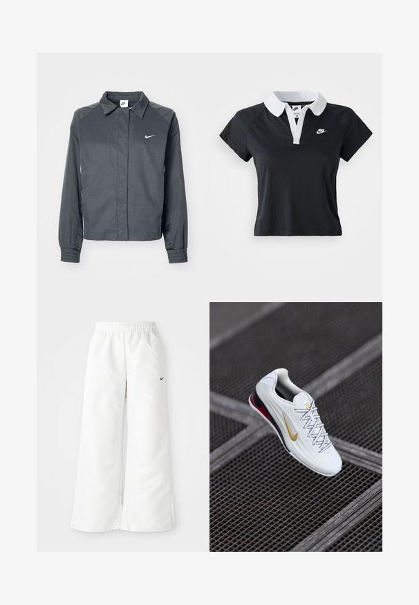 Nike Sportswear Let jakke / Sommerjakker - black; Sort kortærmet polo-shirt med hvid krave og en frontplacket, der har et lille hvidt Nike-logo på venstre bryst.; Hvide atletiske bukser med et bredbenet design, elastisk talje og et lille sort Nike-logo på venstre side. Glat, let materiale.; Hvid atletiksko med tekstureret overdel, gyldent swoosh-logo, røde detaljer ved hælen og grå snørebånd. Hævet sål for ekstra stødabsorbering.
