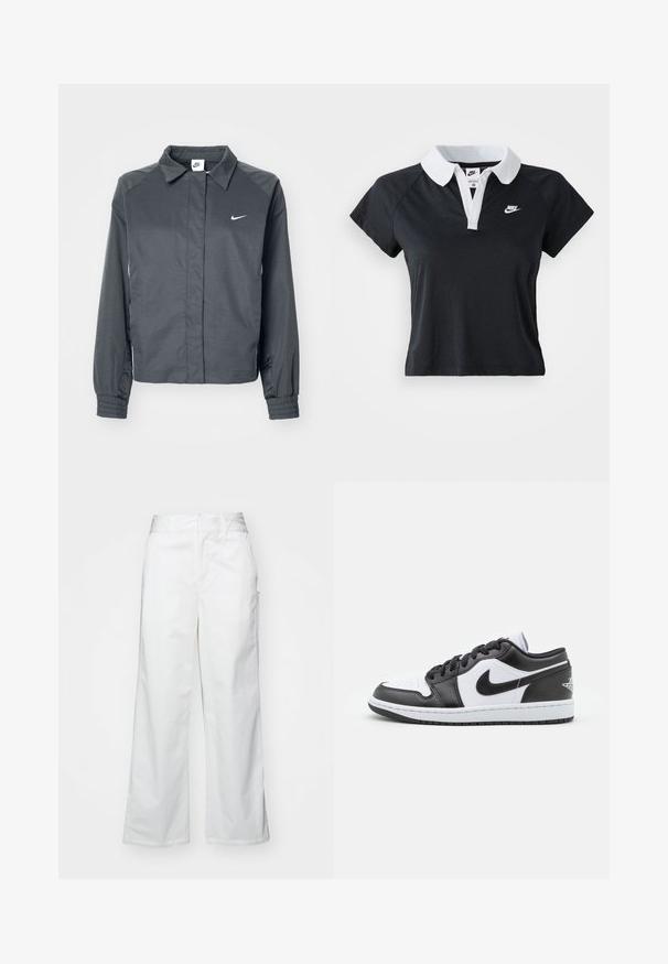 Nike Sportswear Veste légère - black; Polo noir à manches courtes avec un col blanc et une patte de boutonnage à l'avant, présentant un petit logo Nike blanc sur la poitrine gauche.; Pantalons oversized blancs en coton, avec une texture lisse, une coupe droite, des poches avant et un ourlet soigné.; Des baskets basses Nike en noir et blanc présentent un cuir lisse sur le dessus, un bout rond, un système de laçage et une semelle extérieure en caoutchouc à motifs.