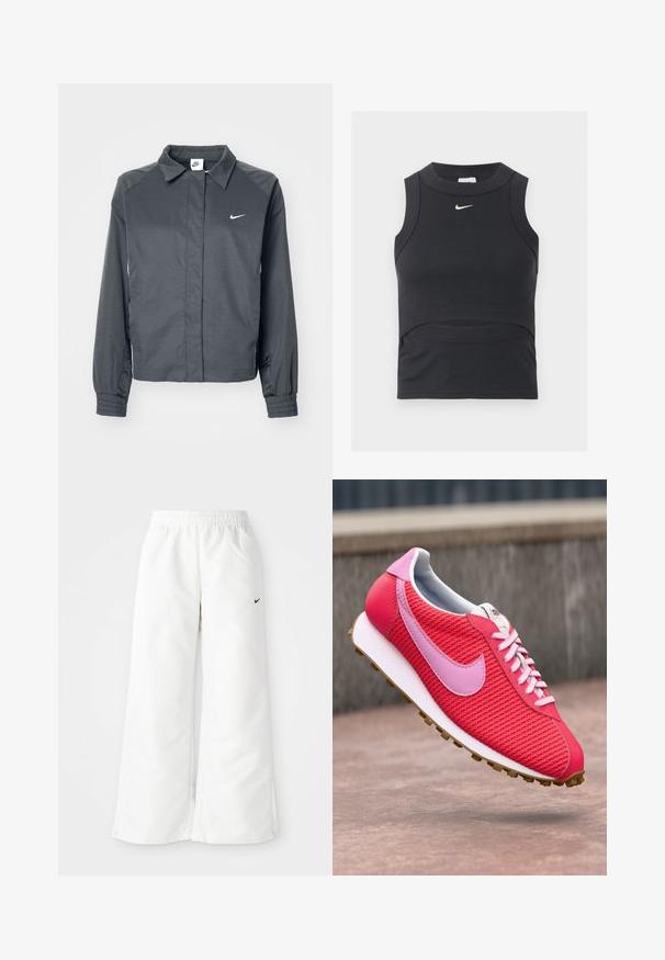 Nike Sportswear Let jakke / Sommerjakker - black; Sort ærmeløs cropped sportstop med ribbet tekstur og hvid Nike swoosh-logo på brystet.; Hvide atletiske bukser med et bredbenet design, elastisk talje og et lille sort Nike-logo på venstre side. Glat, let materiale.; Lys pink og rød strikket sneakers med lyserød logo og snørebånd, hvid sål og brun bund flyvende over en betonoverflade.