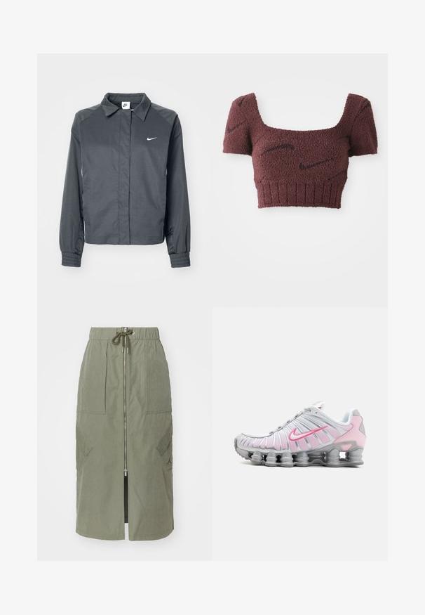 Nike Sportswear Leichte Jacke - black; Lila verkürztes Oberteil aus texturiertem Stoff, mit quadratischem Ausschnitt, kurzen Ärmeln und geripptem Saum, das dezente dunkle Muster aufweist.; Olivengrüner Midirock aus leichtem Stoff, mit einem Reißverschluss vorne, elastischem Taillenbund und großen Seitentaschen mit schrägen Klappen.; Nike Sportschuh in Weiß und Hellrosa. Mit einem Obermaterial aus Mesh und einer markanten, gewölbten Sohle mit sichtbarer Luftpolsterung.