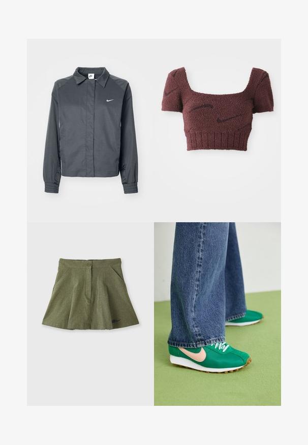 Nike Sportswear Suvejakk - black; Lilla lühike topp tekstuuriga kangast, ruudukujulise kaelusega, lühikeste varrukatega ja ribakujulise alumise äärega, millel on kogu pinnal õrnad tumedad mustrid.; Nike Sportswear X NAOMI OSAKA SKIRT - Miniseelik - medium olive/blackened blue; Rohelised spordijalanõud roosa Swooshi logoga, nöörimisega disain, tekstureeritud kangas ja valged kummist tallad. Koos laia sinise teksapükste paariga.