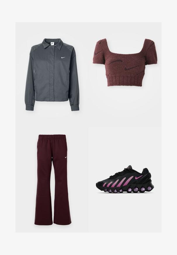 Nike Sportswear Let jakke / Sommerjakker - black; Lilla cropped top med et struktureret stof, firkantet halsudskæring, korte ærmer og ribbet kant, med subtile mørke mønstre gennemgående.; Bordeauxfarvede træningsbukser med flagrende design, elastisk talje og sidelommer. Har hvide kantbånd og et lille logo på forsiden.; Sorte og lyserøde Nike sneakers med en mesh-overdel, buet design og rund lilla dæmpning i sålen og på siderne.