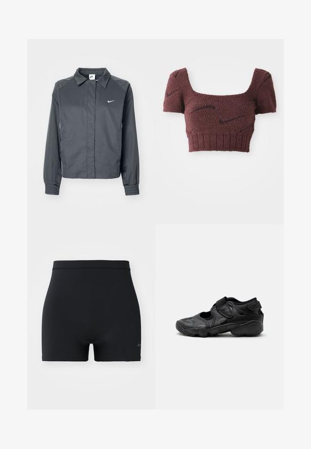 Nike Sportswear Suvejakk - black; Lilla lühike topp tekstuuriga kangast, ruudukujulise kaelusega, lühikeste varrukatega ja ribakujulise alumise äärega, millel on kogu pinnal õrnad tumedad mustrid.; Must mustad mustreid, elastne mustad spordilühikesed, millel on keskmise kõrgusega vöökoht ja väike Nike logo vasakul küljel.; Mustad sportlikud sandaalid suletud varbaga, takjakinnitused sääre keskosas ja kandadel ning paks pehmendusega tald, millel külgmisel küljel kiri "AIR".