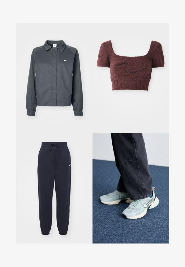 Nike Sportswear Letná bunda - black; Lila skrátený top s textúrovanou tkaninou, štvorcovým výstrihom, krátkymi rukávmi a rebrovaným lemom, ktorý je ozdobený jemnými tmavými vzormi.; Nike tepláky v námornej modrej farbe, vyrobené z mäkkého materiálu. Obsahujú elastický pás s šnúrkou a sťahovacie nohavice. Malý biely logotyp ako akcent.; Svetlo modré sieťované Nike tenisky s textúrovaným povrchom, čiernym swooshom a krémovou medzipodrážkou, skombinované s tmavošedými širokými nohavicami.
