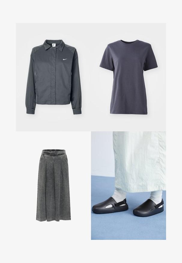 Nike Sportswear Let jakke / Sommerjakker - black; Kortærmet t-shirt i mørkegrå bomuld, rund hals, glat tekstur, lige kant, ingen synlige mønstre eller hardware-detaljer.; Grå denimnederdel med plisseringer, elastisk talje, knælang og en tekstureret overflade. Simpelt design uden synlige mønstre eller dekorationer.; Sorte slip-on sko lavet af glat materiale med et afrundet design, der har to sidelufthuller og en bagstrap for en sikker pasform.