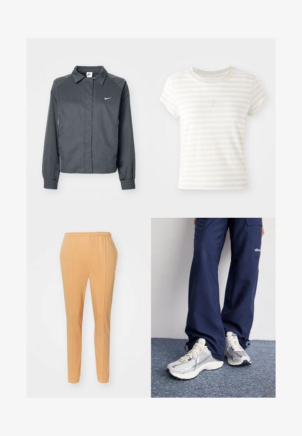 Nike Sportswear Kevyt takki - black; Valkoisiruudullinen lyhythihainen t-paita, joka on valmistettu pehmeästä puuvillasta. Siinä on pyöreä kaula-aukko ja pieni brodeerattu Nike-logo rinnassa.; Oranssi urheiluhousut, jotka on valmistettu pehmeästä puuvillasta, varustettu joustavalla vyötäröllä, kapenevilla lahkeilla ja hienovaraisella valkoisella logolla vasemmassa thigh-osassa.; Nike urheilukengät hopeisella verkkopinnalla, valkoisilla yksityiskohdilla ja teksturoiduilla pohjilla, yhdistettyinä löysiin tummansinisiin housuihin.