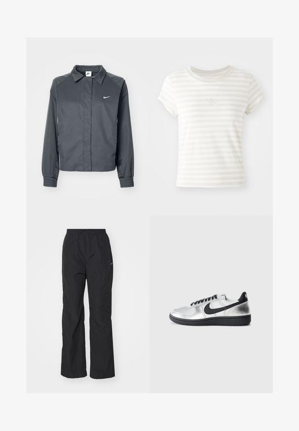 Nike Sportswear Letná bunda - black; Biele prúžkové tričko s krátkym rukávom vyrobené z mäkkej bavlny. Má okrúhly výstrih a malé vyšívané logo Nike na hrudi.; Čierne, ľahké nohavice s elastickým pásom a šnúrkou. Majú textúrovaný povrch a malú reflexnú nášivku na boku.; Strieborná a čierna nízka teniska Nike s čiernym swooshom, čiernymi šnúrkami a čiernou podrážkou na jednoduchej svetlošedej ploche.